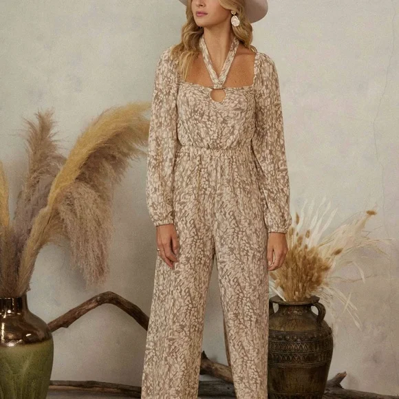 NWT Cream Long Sleeve Abstract Print Comfy Jumpsuit - Picture 2 of 6